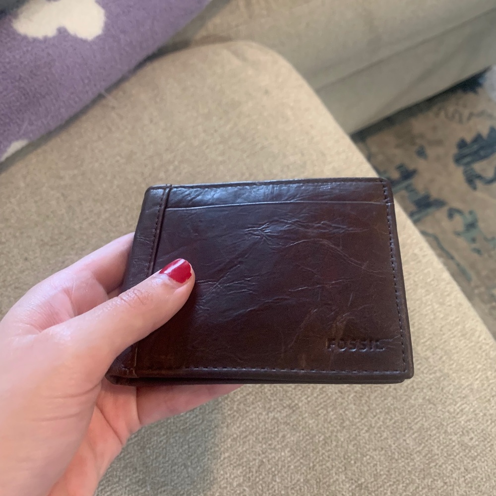 Brown Leather Fossil Wallet bifold with flip ID